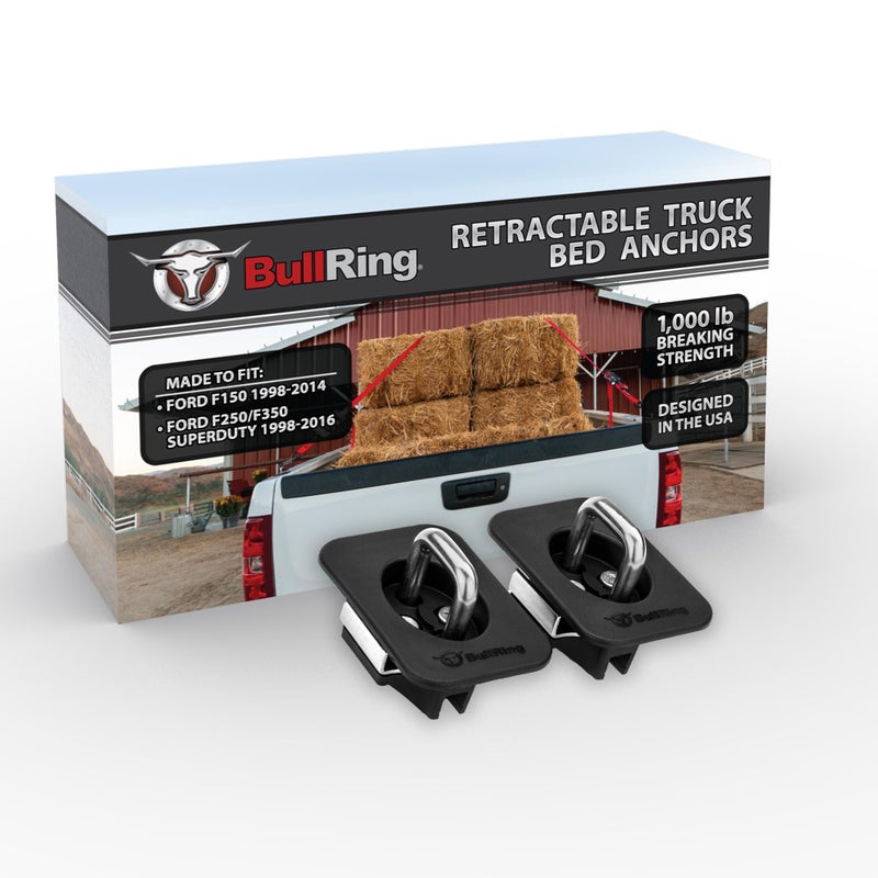 Bull Ring Flush Fit Retractable Truck Bed Tie Down Anchors Compatible with 1998-2014 Ford F150, 1998-2016 Ford F250 & F350 Super Duty Trucks, Easy Installation, Stainless Ford Factory Look, 1 Pair - Image 1
